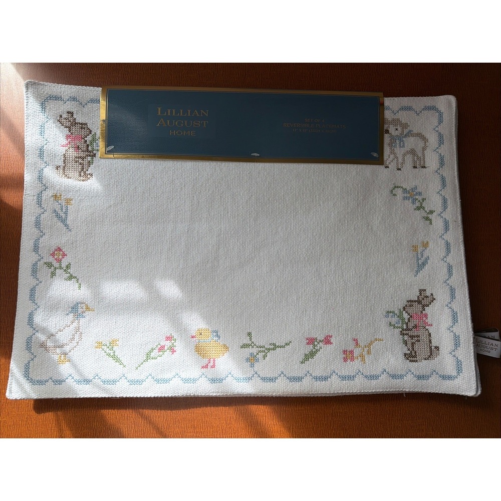 Easter Placemats Lillian August Cross Stitch Reversible Bunny Goose Lamb Plaid
